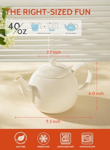 Sweese Porcelain Teapot, 40 Ounce Tea Pot - Large Enough for 5 Cups, White (Pack of 3) - Image 3