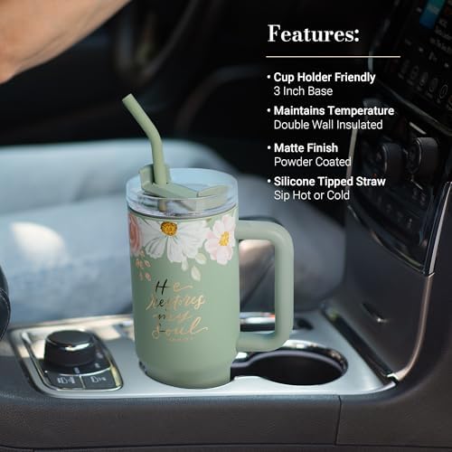 Christian Art Gifts Inspirational Stainless Steel Double-Wall Insulated XL Travel Mug Tumbler Thermos for Women: He Restores My Soul Scripture, Reusable Straw, Twist Lid, Light Green Floral, 40 oz. - Image 3