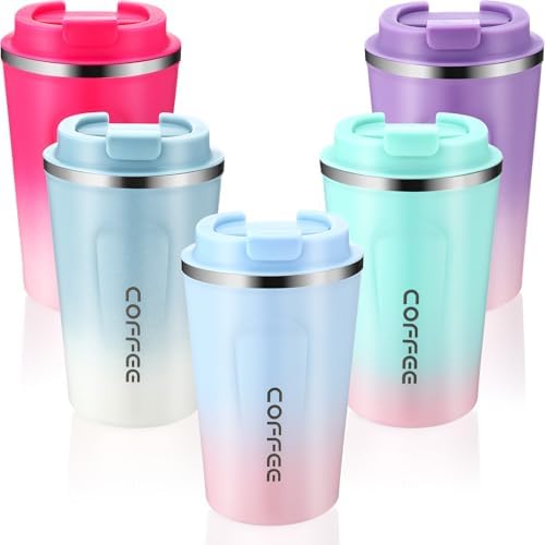 Honeydak 5 Pack Travel Coffee Mugs 12oz Insulated Coffee Cup with Lid Stainless Steel Vacuum Gradient Colorful Tumbler Reusable Leakproof Travel Cups for Hot & Cold Drinks by Honeydak