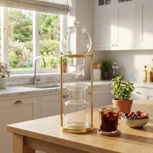 Cold Brew Coffee Maker Drip Pot Carafe Brewer Dripper With Glass Vessel and Gold Tone Metal Stand for Visible suitable for home office coffee kitchen counter - Image 6
