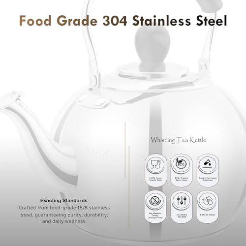 Stovetop Tea Kettle with Whistle - 2.0 Quart 18/8 Stainless Steel Tea Pot for Gas Stove & Electric Coil Stovetop, Food-Safe, Easy-Pour Spout, Mirror Polished Classic Water Kettle - Image 3