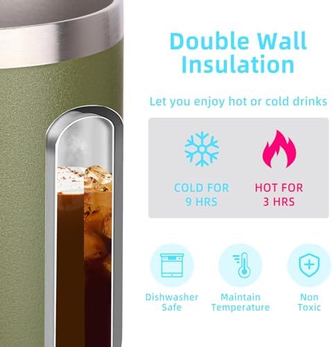 Volhoply 14oz Insulated Stainless Steel Coffee Mug with Lid Bulk 4 Pack,Double Wall Vacuum Travel Coffee Cup with Handle,Reusable Cups Tumbler,Camping Mugs Keep Hot,Ideal Gifts(Army Green,4) - Image 3