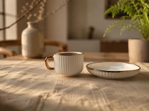 Espresso Cups with Saucers, Set of 6, Stackable Demitasse Coffee Cups with Gold Trim, Lead-Free Ceramic Cappuccino Mugs for Coffee Bar, Latte, Mocha, Tea - Modern Home Cafe (3, Fluid Ounces) - Image 6