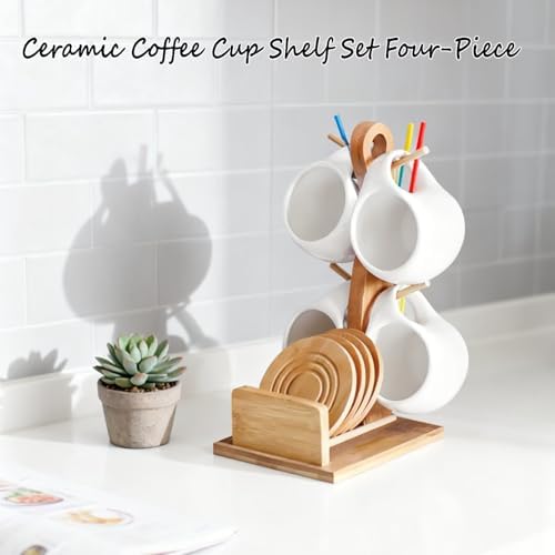 Bamboo Coffee Mug Holder Tree, Ceramic Coffee Cup Shelf Set 6 Piece Creative Cup Stand and Saucer Combination Coffee Mugs Kitchen Shelf Set (5x6.1x10) - Image 7
