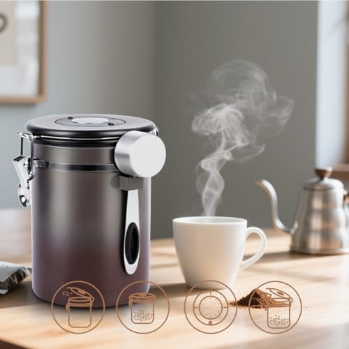 Coffee Canister Airtight Storage Container Stainless Steel Coffee Jar with Scoop,Date Tracker CO2 Release Valve for Dry Food Beans Ground Tea Flour Cereal and Sugar (1.8L Grey-Brown With Spoon(2pcs)) - Image 3