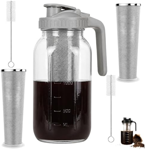 Cold Brew Coffee Maker Glass 64 Oz Mason Jar Pitcher With Stainless Steel Filter,Heavy Duty Glass Mason Pitcher With Spout Lid for Iced Coffee,Tea And Lemonade (Gray Handle Cover,64 oz) by Unknown