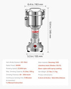 VEVOR Electric Grain Mill Grinder, 150g Commercial Spice Grinders, High Speed 850W Stainless Steel Pulverizer Powder Machine, for Dry Grains, Spices, Cereals, Coffee, Corn & Pepper, Straight Type - Image 7