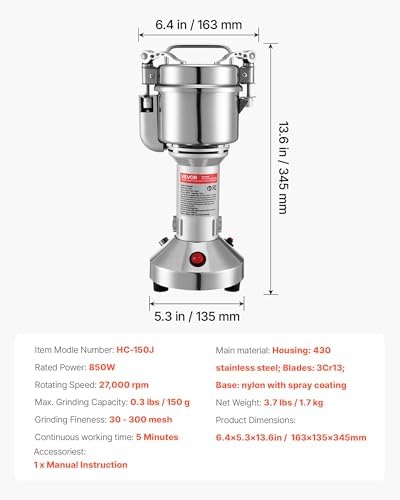 VEVOR Electric Grain Mill Grinder, 150g Commercial Spice Grinders, High Speed 850W Stainless Steel Pulverizer Powder Machine, for Dry Grains, Spices, Cereals, Coffee, Corn & Pepper, Straight Type - Image 7