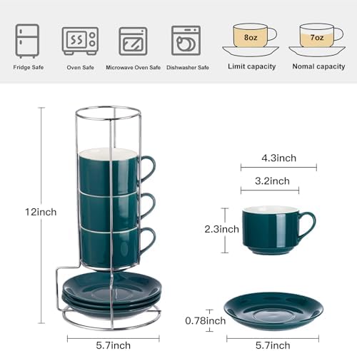 8 Ounce Stackable Cappuccino Cups with Saucers and Metal Stand - Image 2