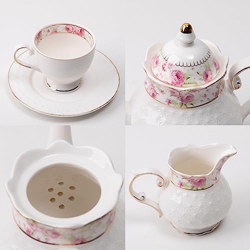 Sweejar 21 Piece Porcelain Tea Set, Vintage British Floral Relief Gold Rimmed Teapot Cup and Saucer Set, Tea Set Service with Teapot, Sugar Bowl, Milk Jug, Spoons, Tea Cup and Saucer Set of 6(Flower) - Image 4