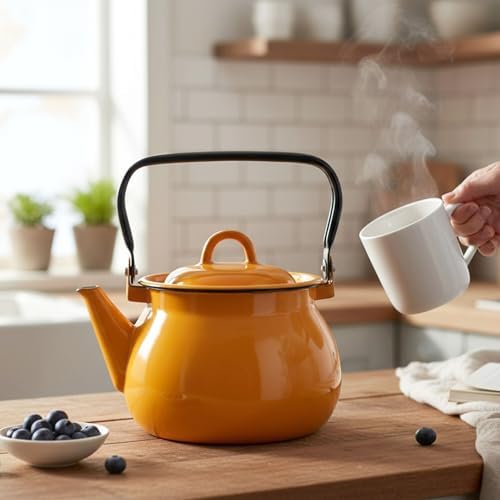 Vintage Enamel Kettle, Tea Pot Stovetop for Hot Water Fast to Boil, Teapot for Stovetop, Hot Water Kettle Teapot (Mustard 2.5L) - Image 5
