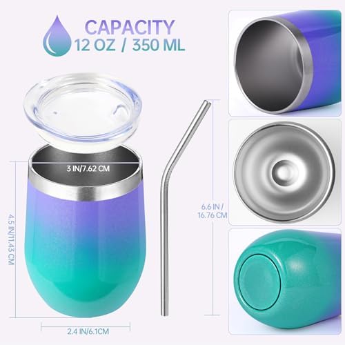 Volhoply 12oz Stainless Steel Wine Tumbler with Lid Bulk 8 Pack,Double Wall Vacuum Stemless Wine Glasses,Reusable Metal Travel Coffe Mug with Straw,Insulated Cup Gifts for Women（Purple Green,8 Set） - Image 2
