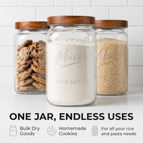 1 Gallon Glass Jars with Wooden Lids - Extra Large Mason Jars Wide Mouth with Airtight Wood Lids - Square Glass Storage Containers with Measurement Markings for Flour, Sugar & Pickling, 3 Pack - Image 2