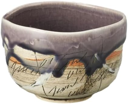 Hand-made Japanese Mino Ware Ceramic Matcha bowl Engraved with Lines Pattern 4.45 Inches Diameter Tea Cup for Tea Ceremony from Japan (Purple) by j-purehitomi