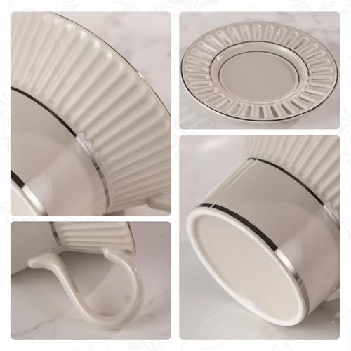 Tea Cups and Saucers Set of 2, 6.7oz Stackable Porcelain Coffee Cup, YFH6+7 - Image 4