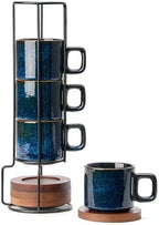LUKA Porcelain Stackable Espresso Cups with Saucers and Metal Stand, 4 Ounce Small Ceramic Demitasse Cups Set for Latte, Specialty Coffee Drinks, Cafe Mocha,Tea - Set of 4, Reactive Blue by LUKA
