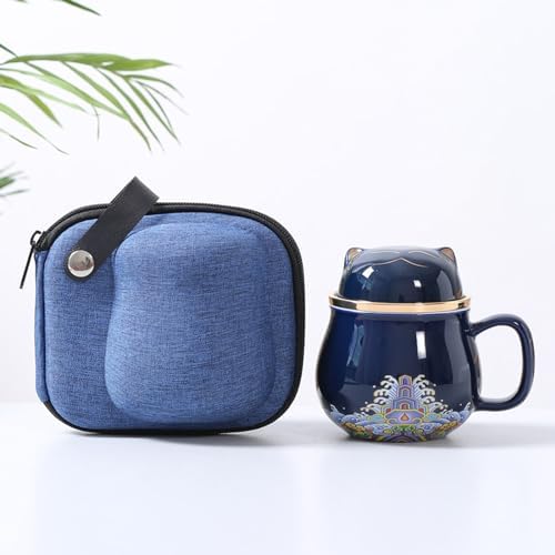 SHELFLOVER Beautiful Tea Mug Portable, White Porcelain Easy to Clean Keep Tea Hot Long, Easy Carried Travel/Office/Home Drink, Cute Cat, Dark Blue, 10oz by SHELFLOVER