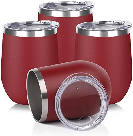 DOMICARE Stainless Steel Wine Tumbler Bulk with Lid, Personalized Insulated Tumblers Set, 12oz Travel Coffee Cups Pack of 4, Red by VisittheDOMICARE