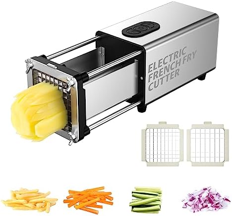 SIXRARI Electric French Fry Cutter, 1/2 & 3/8 Inch Interchangeable Stainless Steel Blades Automatic Potato Cutter, Commercial & Household Potato Slicer, Use for Potatoes Onion Cucumbers by SIXRARI