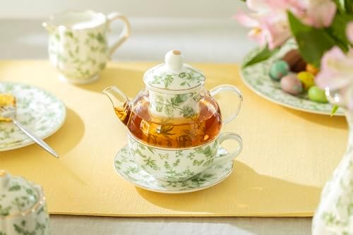 Greeny Garden Glass and Fine Porcelain Tea For One Set, Spring Tea Set For One - Image 2