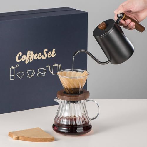 Baoblaze Coffee Equipment Pour Over Coffee Maker Set Dripper Carafe Kettle Manual Brew Kit With Glass And Stainless Steel, White, 4-Piece Coffee Gift Box Bamboo Wood Filter Cup - Image 5