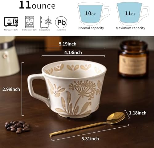 Ceramic Mugs 11 oz Unique Luxurious Cups Set of 4 with Premium Spoon, Mug for Coffee Milk Latte Cappuccino Tea, for Office Home Dishwasher Microwave Freezer Safe, Birthday Gift, Stoneware - Image 6