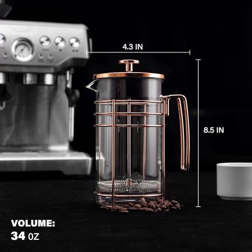 French Press, 34 Ounce (1000ml) Coffee Maker, Glass Rose Gold Coffee Press, Heat Resistant Borosilicate Glass Tea Maker and 3 layers Filter Coffee Pot for Camping Travel Gifts - Image 3