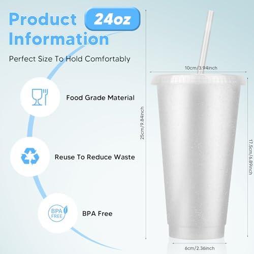 24 Pack Plastic Tumblers with Lids and Straw, Reusable Cups with Lids and Straws White Cups for Cold Drink Iced Coffee, Plastic Tumbler Bulk for Party Birthday Gifts (24 oz, White) - Image 2