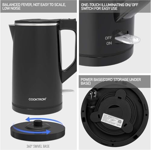 COOKTRON 1.7L Quiet Electric Kettle, Double Wall Hot Water Boiler BPA-Free Cool Touch Tea Kettle, Cordless with Auto Shut-Off & Boil Dry Protection, 1500W Fast Boiling, Black - Image 6