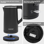 COOKTRON 1.7L Quiet Electric Kettle, Double Wall Hot Water Boiler BPA-Free Cool Touch Tea Kettle, Cordless with Auto Shut-Off & Boil Dry Protection, 1500W Fast Boiling, Black - Image 6