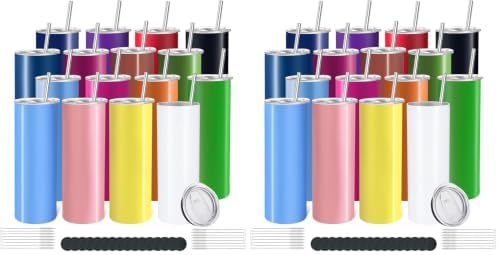 YOUKE OLA 32 Pack Skinny Tumblers 20oz Bulk Straight Stainless Steel Double Wall Vacuum Insulated Tumbler with Lid and Straw & Silicone Base for Travel, DIY, 16 Colors by YOUKEOLA