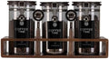 3×45oz UV Blocking Glass Coffee Storage Canisters with Wooden Organizer Rack, Airtight Jars with Black Clasp Lids, 2 Scoops for Dry Food & Coffee by Unknown