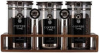 3×45oz UV Blocking Glass Coffee Storage Canisters with Wooden Organizer Rack, Airtight Jars with Black Clasp Lids, 2 Scoops for Dry Food & Coffee by Unknown