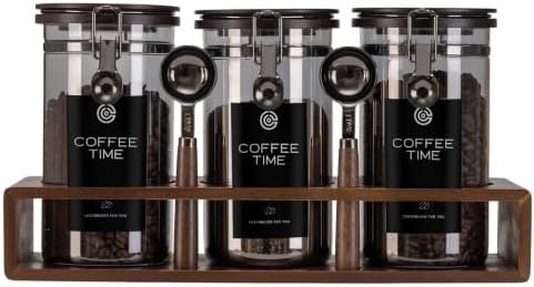 3×45oz UV Blocking Glass Coffee Storage Canisters with Wooden Organizer Rack, Airtight Jars with Black Clasp Lids, 2 Scoops for Dry Food & Coffee by Unknown