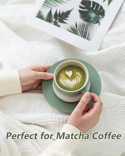 ZENS 8 Ounce Artistic Cappuccino Cups Set of 2, Embossed Ceramic Coffee Mug with Saucers for Latte Art, Moss Green & White - Image 4