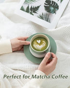 ZENS 8 Ounce Artistic Cappuccino Cups Set of 2, Embossed Ceramic Coffee Mug with Saucers for Latte Art, Moss Green & White - Image 4