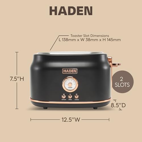 Haden Dorset 2-Slice Wide-Slot Toaster, Stainless-Steel Bread Toaster with Adjustable Browning Control, Crumb Tray & Non-Slip Feet, Black & Copper - Image 4