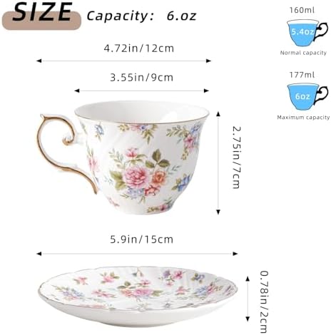 Agyiuns tea cups and saucers ceramic coffee mug 6oz set of 4 for Latte, Cafe Mocha, white with flowers - Image 2