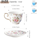 Agyiuns tea cups and saucers ceramic coffee mug 6oz set of 4 for Latte, Cafe Mocha, white with flowers - Image 2