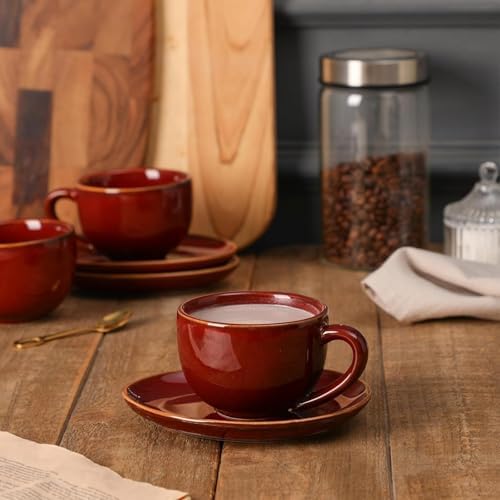 vicrays 6.5 oz Cappuccino Cups with Saucers, Set of 4, Ceramic Coffee Cup for Au Lait, Double shot, Latte, Cafe Mocha, Tea (Cherry Red) - Image 5
