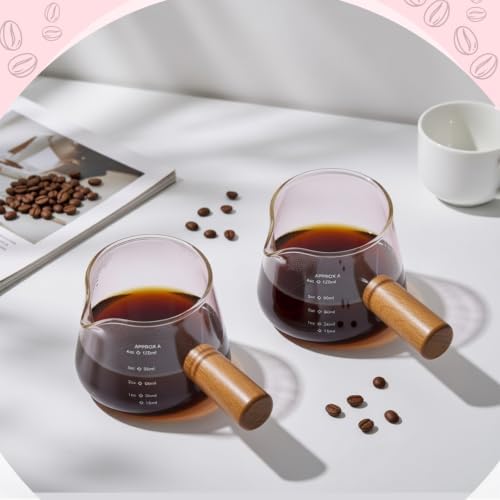 Willinglong 4 Pack Pink Glass Espresso Measuring Milk Cups 4 oz Glass Single Spouts Cup with Glasses Handle V-shaped Spout Espresso Shot Cup for Machine Demitasse Cups, Dishwasher Safe - Image 3