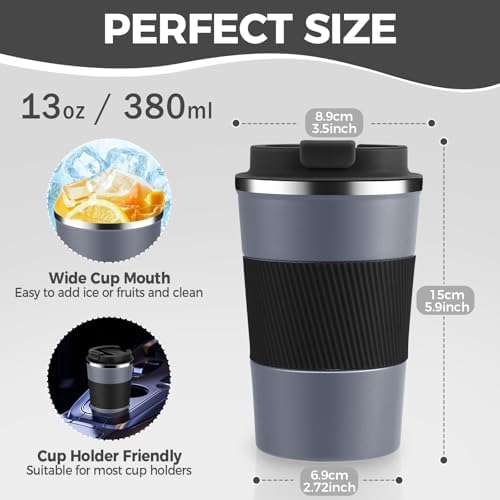 Volhoply 13 oz Stainless Steel Insulated Travel Coffee Mug with Fip Lid Bulk 4 Pack,Reusable Double Wall Vacuum Metal Coffee Cup,Portable Leak Proof Thermal Tumbler for Hot & Cold Drinks(Gray,4) - Image 2