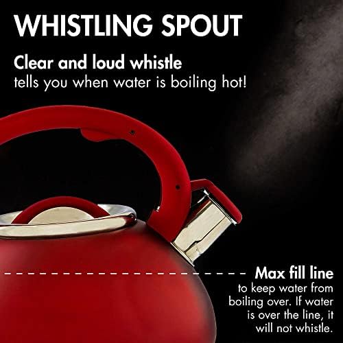 Primula Avalon Whistling Kettle - Whistling Spout, Locking Spout Cover, and Stay-Cool Handle - Stainless Steel - 2.5 Quarts - Matte Red (PAVRE-6225) - Image 6