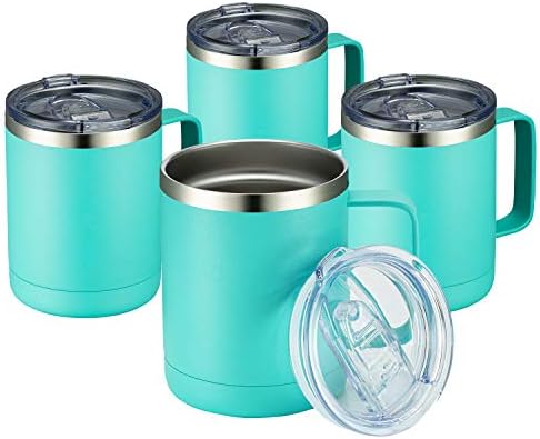 MEWAY 12oz Coffee Mug With Handle 4 Pack Bulk,Stainless Steel Insulated Travel Tumblers With Sliding Lid,Double Wall Vacuum Camping Cup for Hot & Cold Drinks Tea (Light Green,Set of 4) by MEWAY