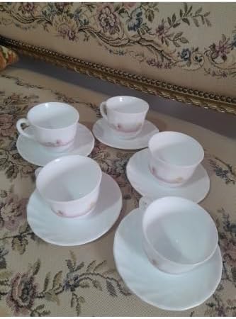 SODEF Set of 5 Arcopal Style Glass Cups and Saucers, White, 1 Liter Capacity, Vintage Design, Durable Porcelain Alternative for Coffee or Tea, appropriate for Home Kitchenware Collection - Image 5