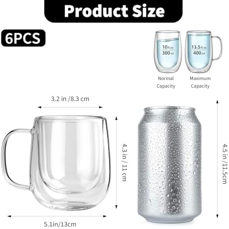 6 Pack Double Wall Glass Mugs 12 oz, Insulated Clear Coffee Cups with Handle – Heat Resistant Borosilicate Glass for Espresso, Latte, Cappuccino, Tea - Image 2