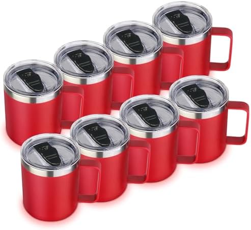 Volhoply 14oz Insulated Stainless Steel Coffee Mug with Lid Bulk 8 Pack,Double Wall Vacuum Travel Coffee Cup with Handle,Reusable Metal Cups Tumbler,Camping Mugs Keep Hot,Ideal Gifts(Red,8) by LiveFully%EF%BC%8CDrinkFreely%E2%80%94KeepGoingwithVolhoply%EF%BC%81