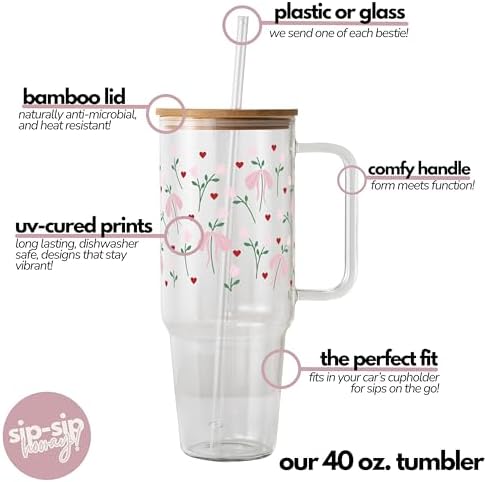 Sip-Sip Hooray! Birth Flower Bow 40oz Glass Tumbler with Lid and Straw - Image 4