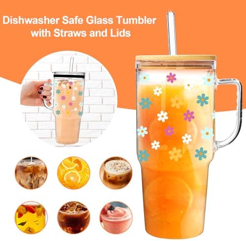 40oz Cute Glass Tumbler with Lids and Straws Flower Water Bottle - Image 7