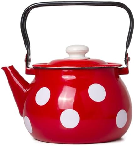 Vintage Enamel Kettle, Tea Pot Stovetop for Hot Water Fast to Boil, Teapot for Stovetop, Hot Water Kettle Teapot (Red White (3.5 L)) by STP-Goods